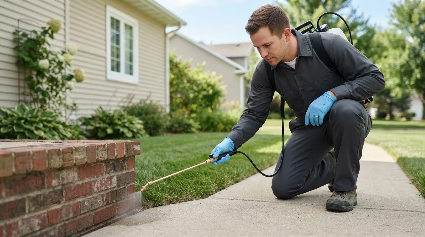 Pest control technician treating a home near Gilman City, MO